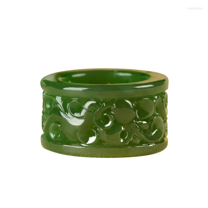 

Cluster Rings Natural Green Jade Jasper Ring Handcarved Flower Hetian Jadeite Gift Brand Men