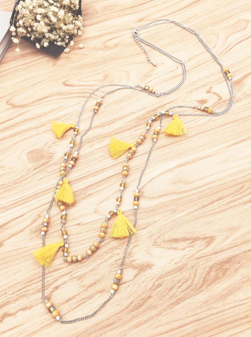 

Chains BOHO Double Layer Crystal Beads Chain Necklace Hand Made Tassel Pendant For Women Summer Jewelry Accessories