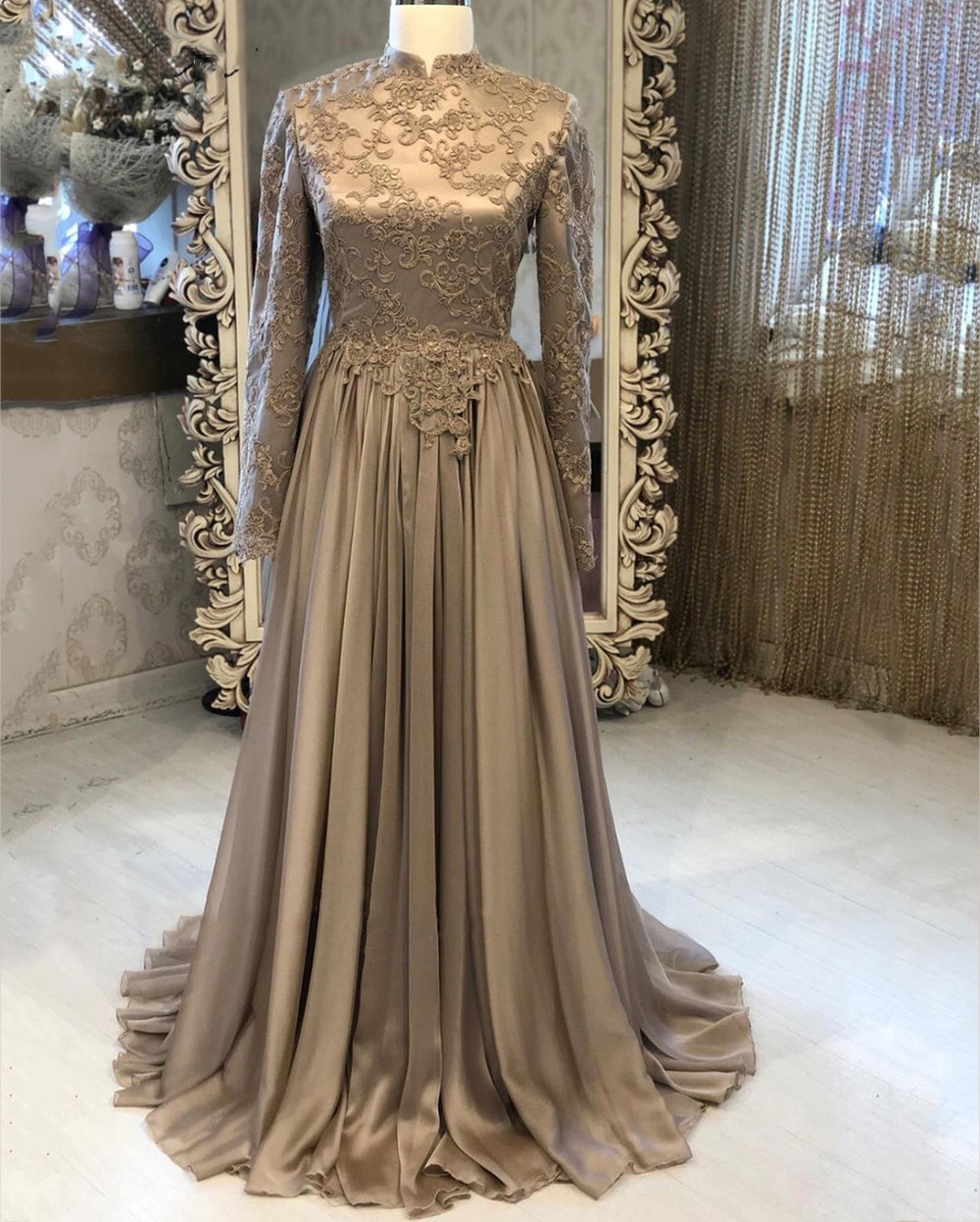 

Muslim Long Sleeves Evening Dresses Elegant Satin high neck A-line Appliqus Top Brown Dubai Arabic Women Formal Evening Gowns, Silver