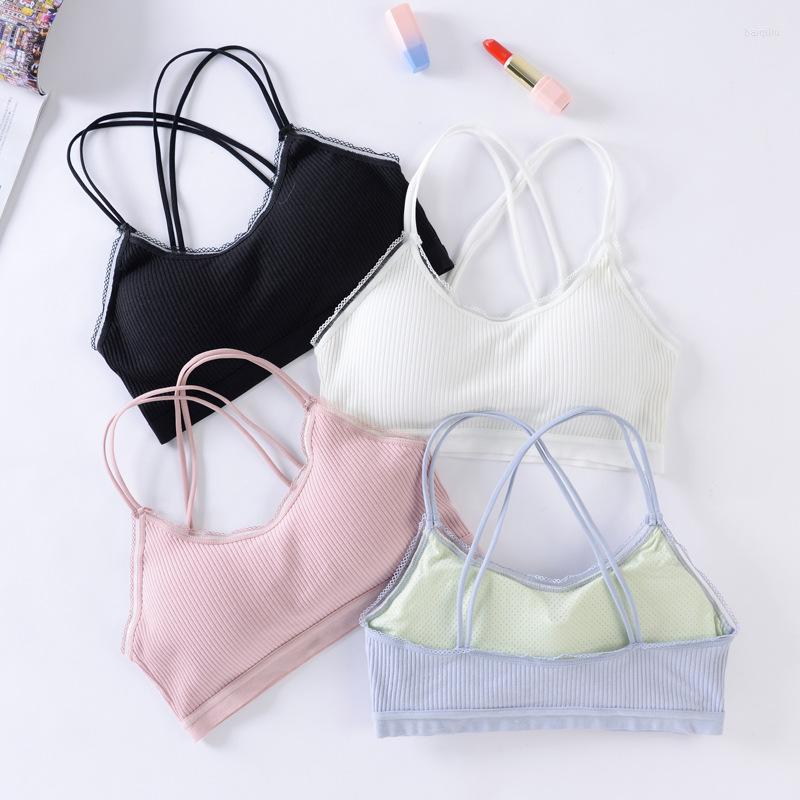 

Yoga Outfit Woman Beautiful Back Sports Bra Cross Strap Bras Thread Wrapped Chest Tube Top Lace With Pads Gathered, Black