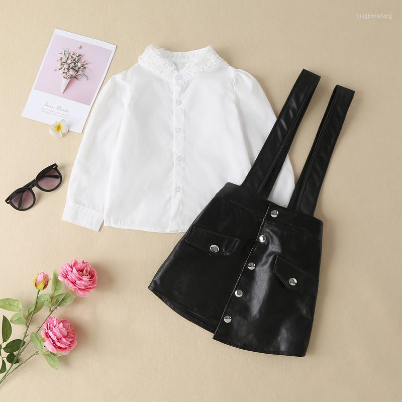 

Clothing Sets Girl Outfits Two Pieces Set Spring Fall 2023 Floral Lace Collar Long Sleeve Solid Color Shirt PU Leather Button Suspender