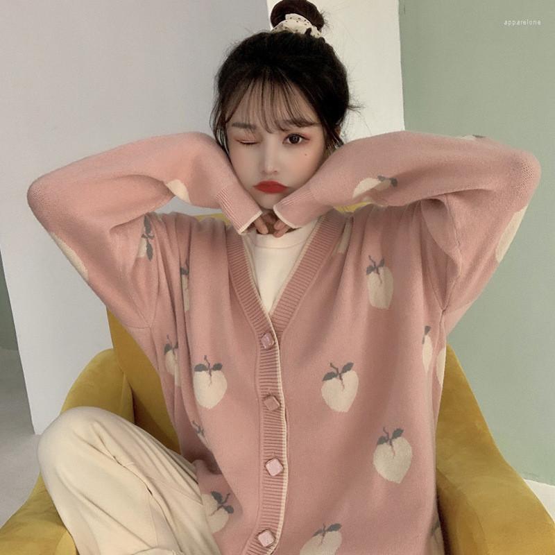 

Women's Knits 2023 Spring Autumn Korean Peach Pattern Knitted Cardigan Sweater Sweet Girl Slim Outwear Fashion Loose Coats Female JD1602, Pink