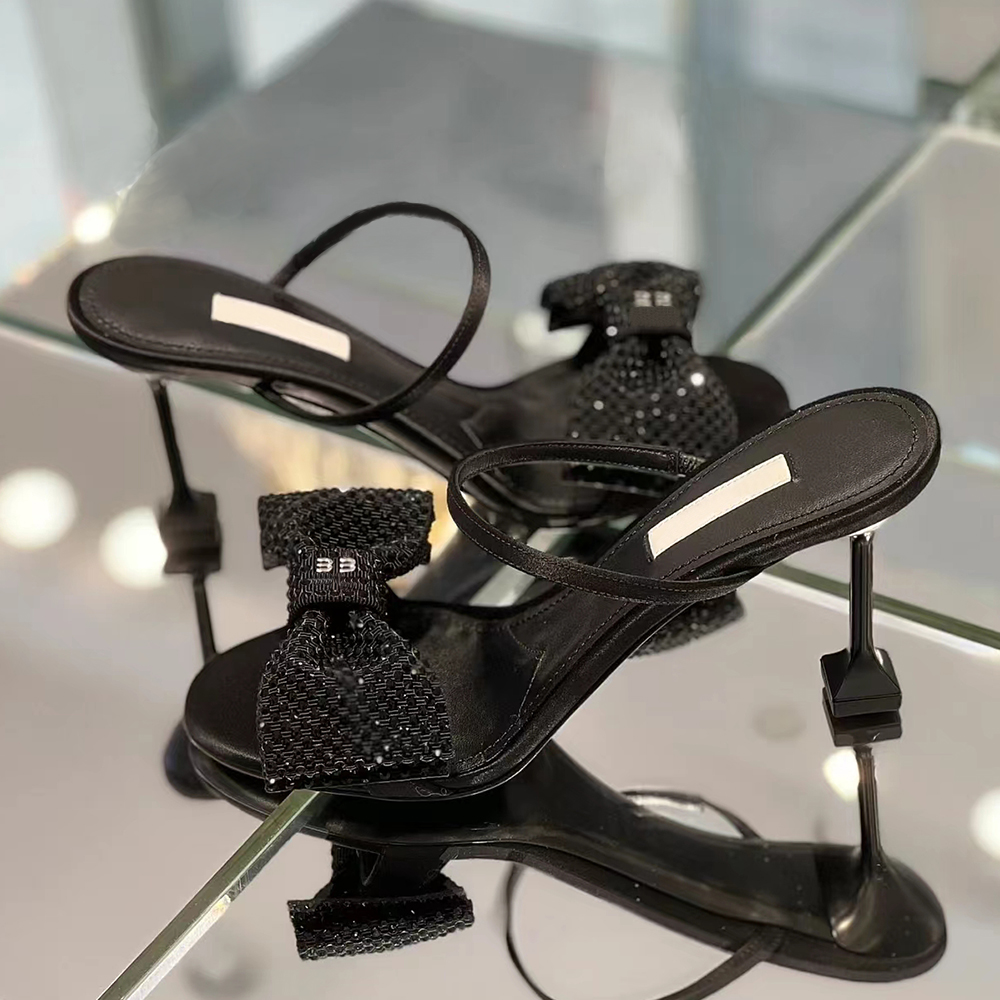 

New style Bowtie Satin sandals Womens leather sole high heels 10.5cm black Letter kitten heel slippers women high heeled Luxury Designers Dinner dress Pumps Factory