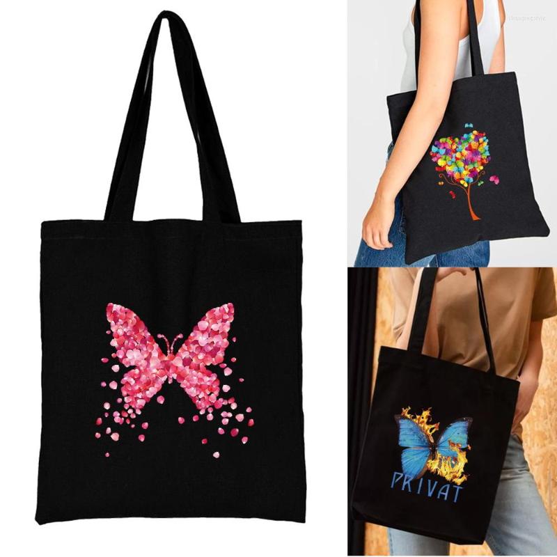 

Shopping Bags Bag Women Shoulder Ladies Shopper Canvas Handbag Commute Large Capacity Tote Butterfly Print School Storage, Black