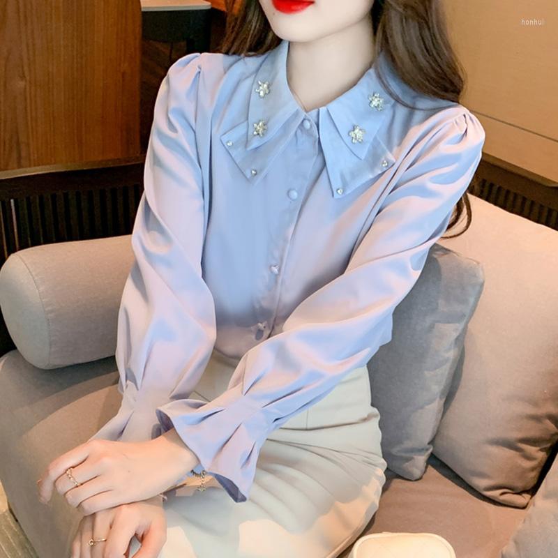 

Women' Blouses 2023 Spring Autumn Long Sleeved Women Chiffon Shirt Elegant Slim Beading Solid Color Office Lady, Blue