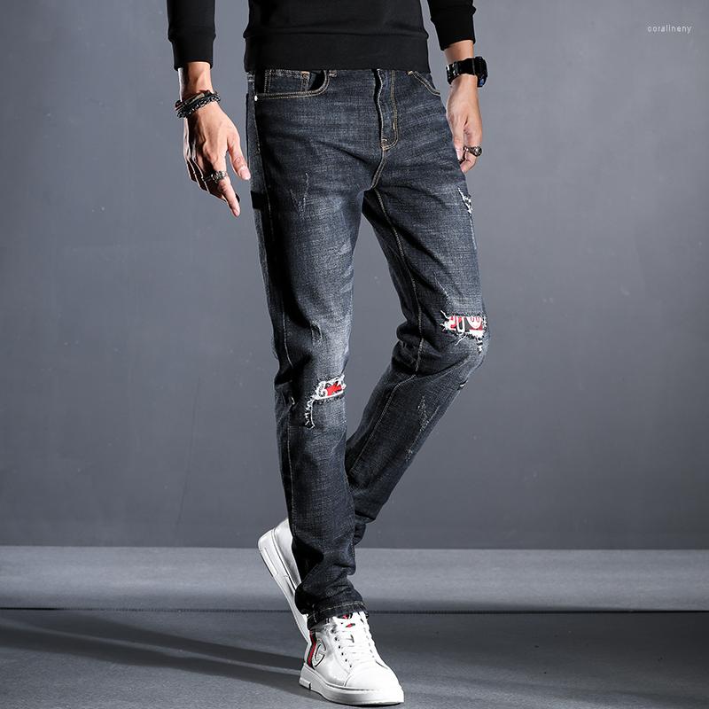 

Men's Jeans 2023 Spring Stretch Straight Trendy Korean Style Slim-Fit Denim Trousers Business Casual Male Ripped Patch Pants, Black