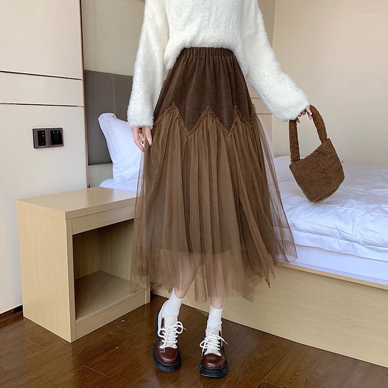 

Skirts Autumn And Winter Products Thickened Mesh Stitching High Waist British Wind Puff Skirt Women's Elastic Pleated Large S, Beige