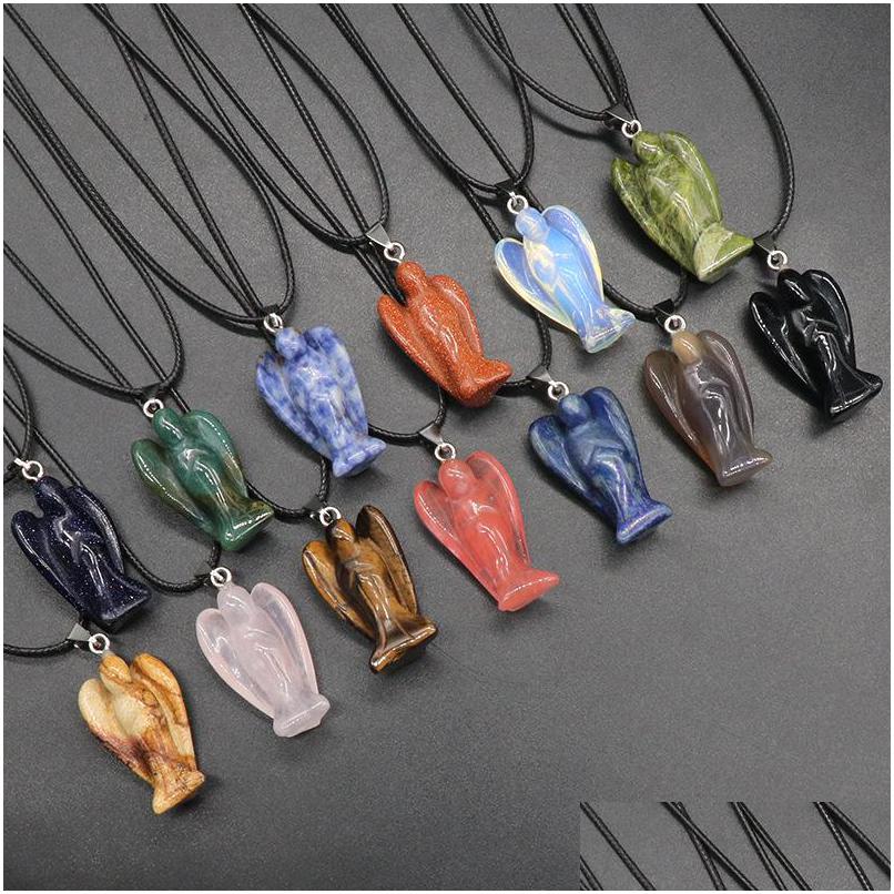 

Pendant Necklaces Natural Stone Gem Carved Angel Rose Quartz Crystal Jade Onyx Bead Necklace Healing Guardian Jewelry For Wo Dhgarden Dhllj