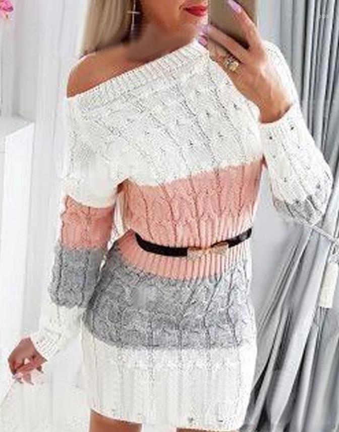 

Casual Dresses Women' 2023 Autumn Fashion Colorblock Long Sleeve O-Neck Cable Knit Daily Mini Sweater Dress Without Belt