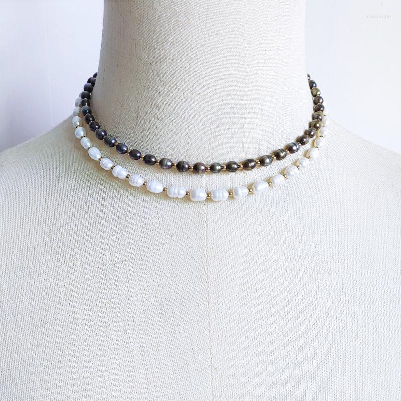 

Choker Simple Classic Natural Freshwater Pearl Stainless Steel Gold-color Bead Necklace Handmade Black White Collar Daily Jewelry