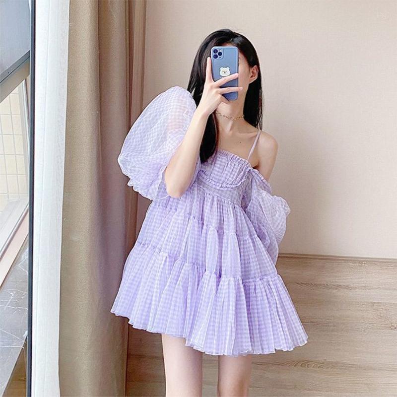 

Casual Dresses Fairy Off Shoulders Chiffon Ruffles Dress Summer Puff Sleeve Plaids Folds Multi-Layers A-Line Pleated Mesh Puffy Vestidos, Lavender
