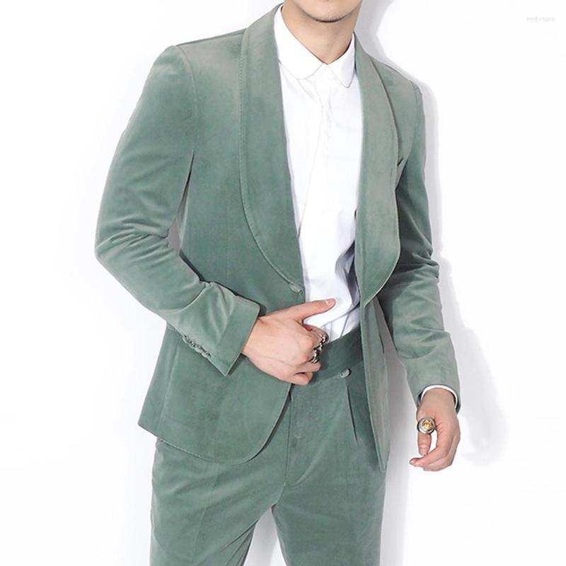 

Men's Suits Design Velvet Man Suit Bespoke Shawl Lapel Dinner Cyan Wedding Tuxedos (Jacket Pants), Gray