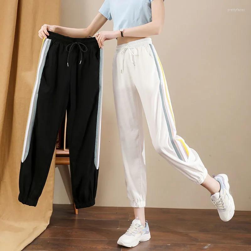 

Women' Pants Summer Women' Joggers Loose Korean Clothing Harem Capris Fashion High Waist Gauze Striped Trousers Sweatpants, Black