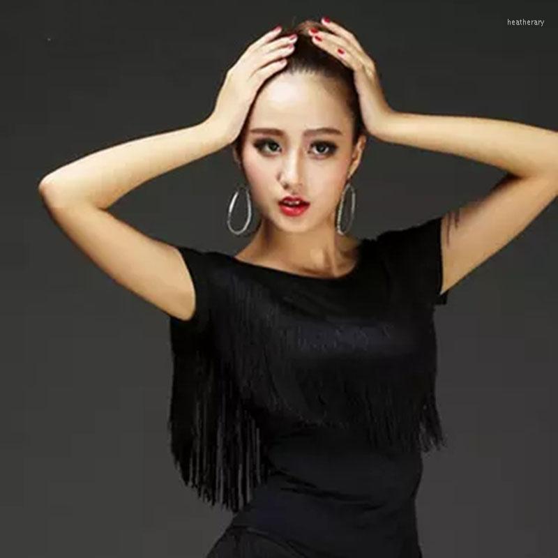 

Stage Wear Adult Latin Dance Tops Female Short Sleeve Lady Dancing Practice Shirt Sexy Women Ballroom Cha Samba Tassel, Black