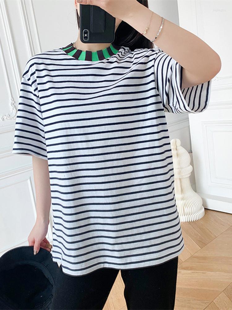 

Women' T Shirts Women' Striped T-Shirt Loose Contrast Color Simple Female Tshirt 2023 Summer Ladies O-Neck Short Sleeve Top