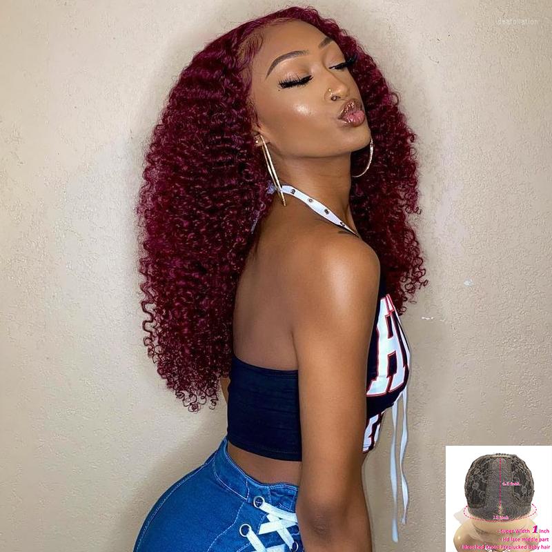 

Remy 99J Burgundy Lace Front Wigs 250 Density Red Kinky Curly Human Hair Pre Plucked For Black Women Brazilian HD Frontal, Picture shown