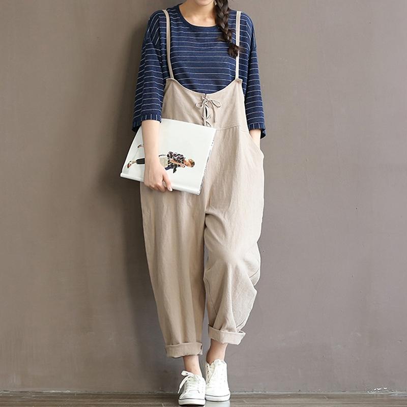 

Women's Jumpsuits & Rompers Women Vintage Linen Jumpsuit Bib Trousers Overall Loose Bodysuitsb Strap Belt Pants Casual Harnes, Black
