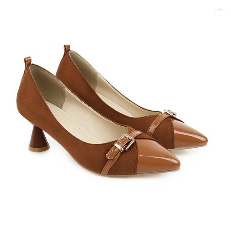 

Dress Shoes Lady Spike Heeled Pumps Shiny Flock Mixed Colors Buckle Mujer Torekbka 5cm Stiletto Tacon Brown Red Retro Wide Fitting Zapato 48, Beige
