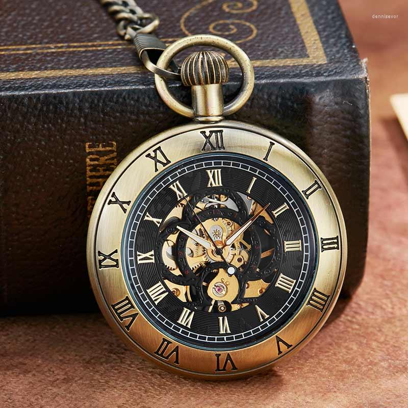 

Pocket Watches Vintge Mechanical Watch Roman Numerals Dial Skeleton Unique Design Luxury Mens Retro With Chain, Picture shown