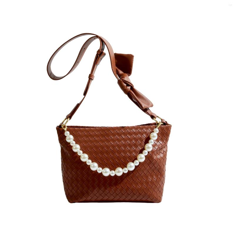 

Duffel Bags Maxdutti Leather Pearl Woven Single Shoulder Bag Women Ins Fashion Blogger Retro Bow Casual Tote, Black