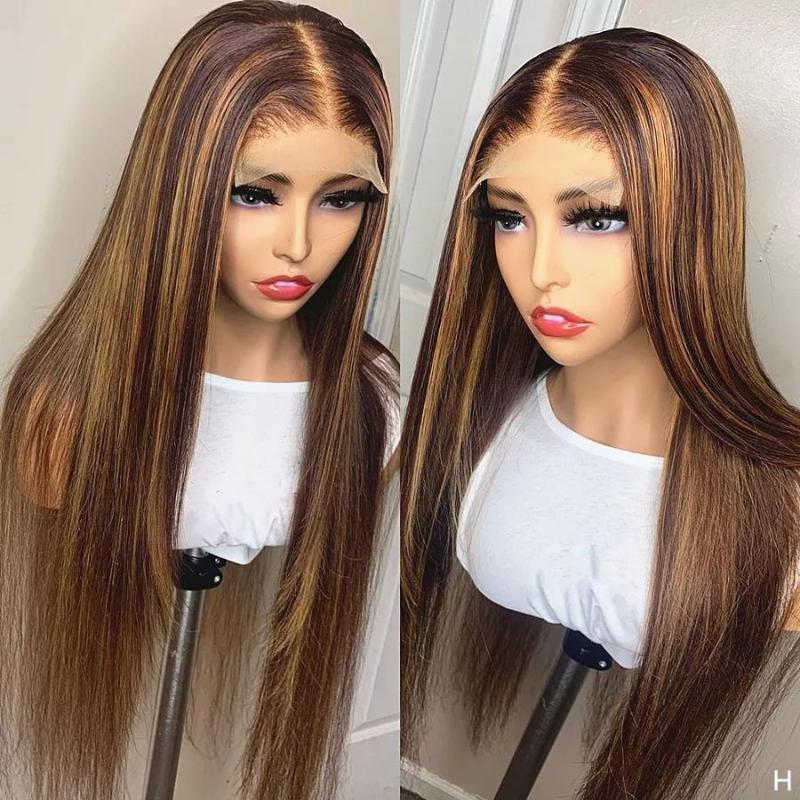 

32Inch Highlight Ombre Lace Frontal Wig 150% Straight Human Hair Wigs 4/27 Colored Brazilian Bone For Women, 13x1 lace wig