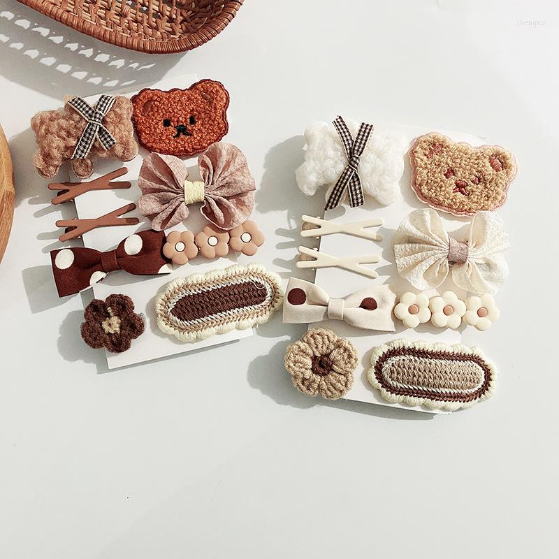 

Hair Accessories 9pcs Kawaii Korean Coffee Color Pin Set Bear Bow Clips Handmade Woolen Headwear Girls Kids, 9pcs white