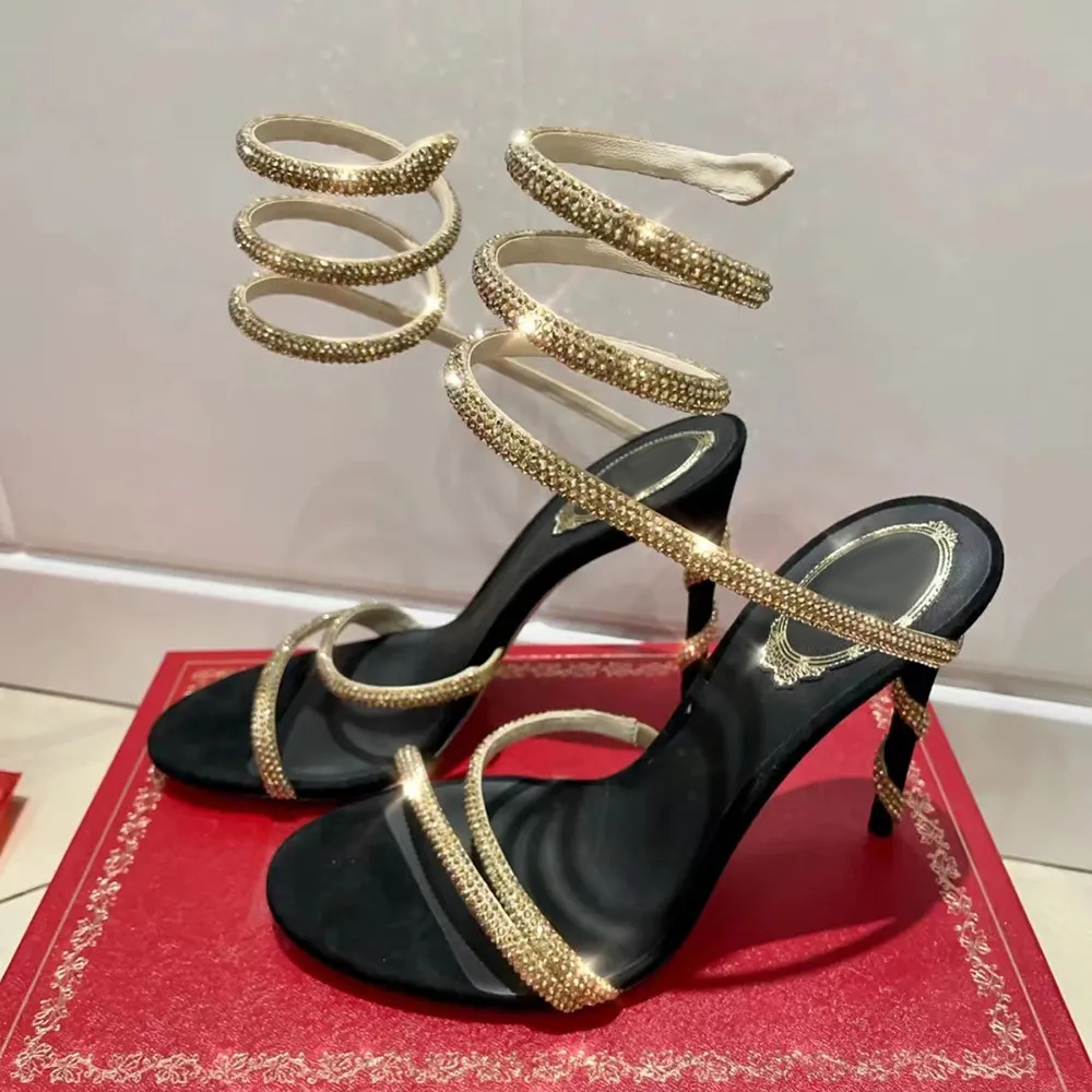 

Heels rhinestone Crystals Embellished sandals Rene Caovilla Cleo 95mm Designers Ankle Wraparound women high heeled sandal flower rhinestone Evening shoes 35-43, 20