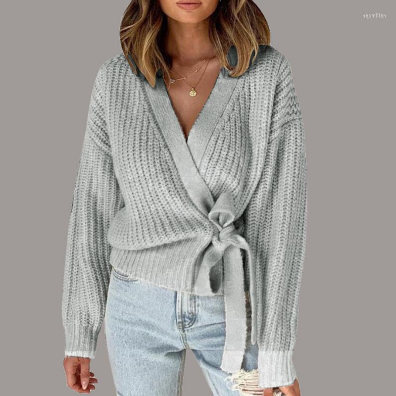 

Women' Knits Long Sleeve Tied V-neck Cardigan Sweater Women Loose Lace-Up Knitted Autumn Winter Fashion Sweaters Pull Femme 24194, White