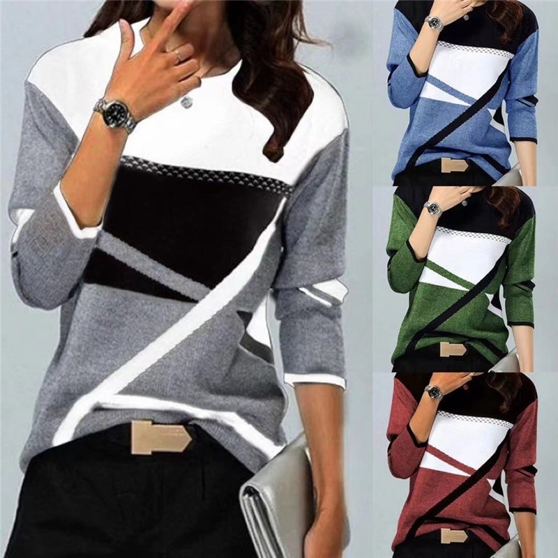 

Women's T-Shirt Women's Fashion Contrast Print Crew Neck Long Sleeve T-Shirt 230203, Green