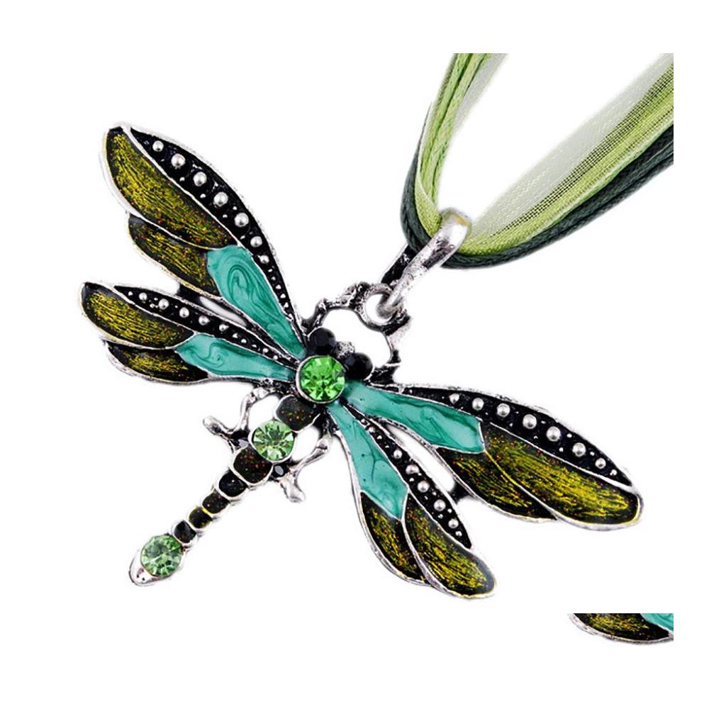 

Pendant Necklaces Dragonfly Necklace Vintage Ribbon Cord Purple Red Green Crystal Bead Jewelry For Women Girls Drop Delivery Pendants Otzey