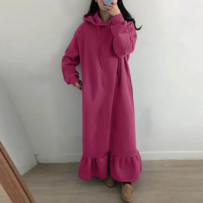 

Casual Dresses Women Maxi Sweatshirt Dress Hooded Fleeced Solid Color Loose Sundress Autumn Winter Ruffles Long Hoodie Streetwear Robe, Black