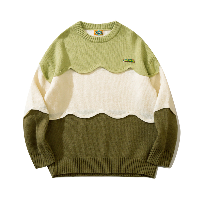 

Women's Sweaters Jaykoo Patchwork Jacquard Weaving Loose Neutral Twist Simple Contrast Color Wave Stitching Hand Crochet Design Knit Sw 230203, Light blue