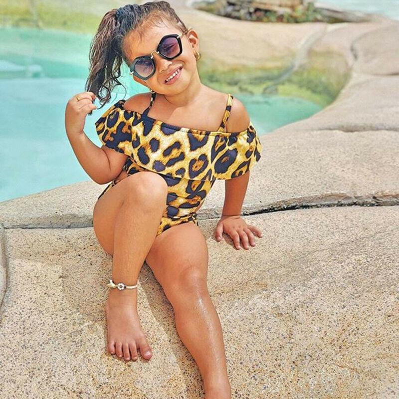 

One Pieces Fashion Toddler Kids Baby Girl Leopard Ruffle Swimwear Swimsuit Bathing Suit Beachwear Summer Holiday Clothes, Brown