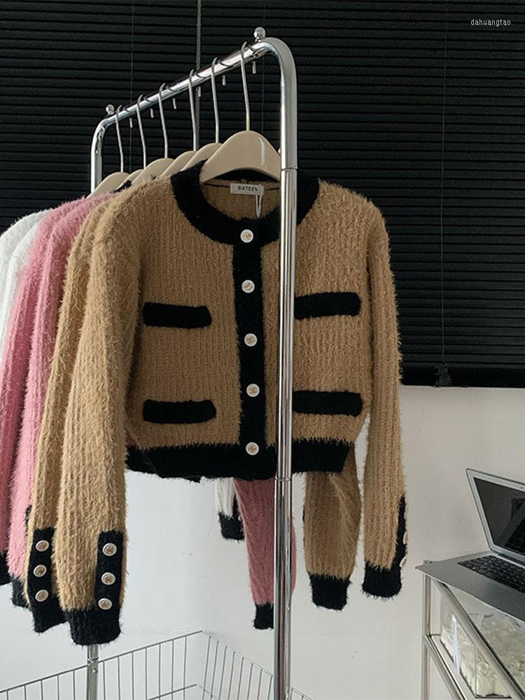 

Women's Knits Sweater Contrast Color Women Plush Warm Short Knitted Cardigan Outer 2023 Autumn Winter Crew-neck Knitwear Female French Style, Pink