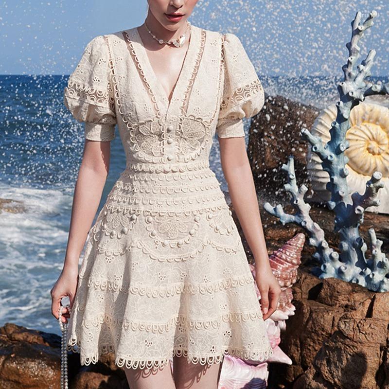 

Party Dresses Embroidery Lace Elegant Dress Woman Summer V-neck High Waist Mini Bodycon Clothing Vintage Hollow Out, Photo color