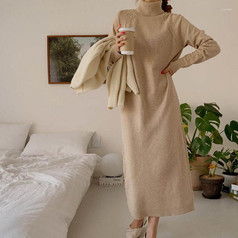 

Casual Dresses Korean Autumn Winter Turtleneck KniWomen Dress Vintage Long Sleeve Loose Female Sweaters Ladies Knitting Vestidos Mujer, Black