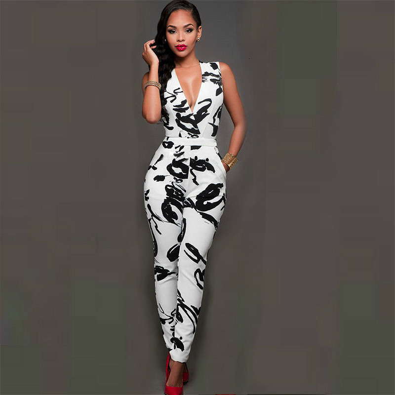 

Women' Jumpsuits Rompers Summer Elegant Jumpsuit Women Sleeveless V Neck Bodycon Long Romper Tie-dye Printed Sexy Club Jumpsuits Female Streetwear 230203, Black