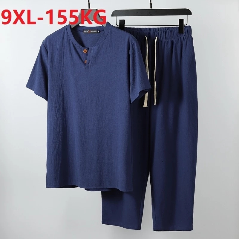 

Men's Sleepwear high quality summer men linen pajamas Short Sleeve Tshirt and pants sets home wear large size 8XL 9XL tees loose 64 68 230202, Auburn