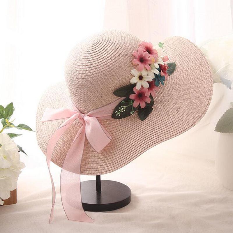 

Wide Brim Hats Arrival Double Flowers Weave Straw Hat Fashion Summer Girl Women Outdoor Beach Floral Bow Sun