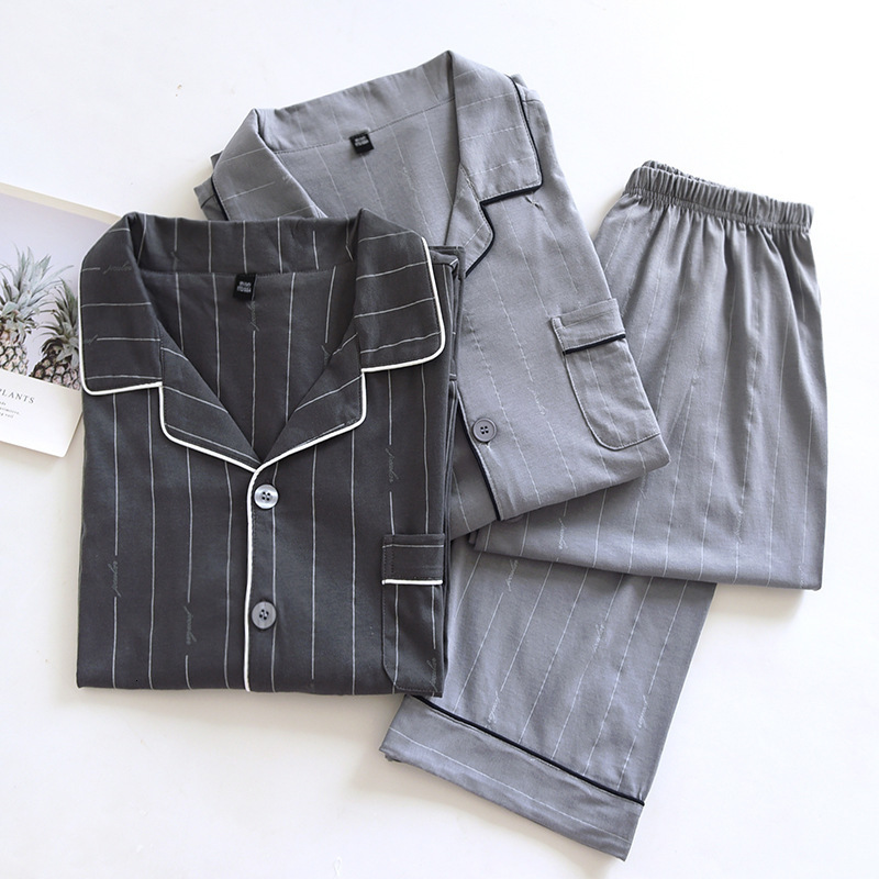 

Men's Sleepwear Autumn Knitted Cotton Pajamas Striped Lounge Wear Men Casual Cardigan Long Sleeve Trousers Home Suit 230202, Gray navy