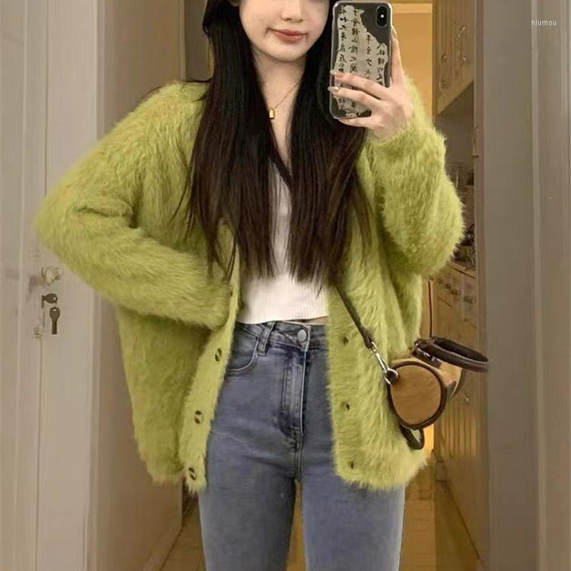 

Women's Knits Gentle Green Mink Cashmere Cardigan Women V-neck Vintage Loose Knitted Sweater Autumn Winter Single Breasted Outwear O152