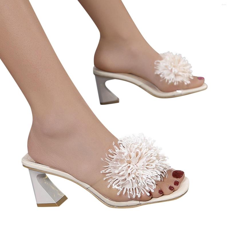 

Sandals J Slides For Women Ladies Chunky Heel High Fish Mouth, Beige