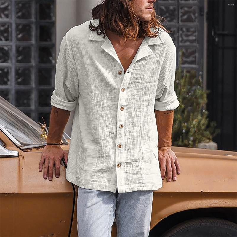 

Men's Casual Shirts Vintage For Men Double Wrinkled Loose Cuban Collar Long Sleeve With Pockets Decorative Shirt Camisas, White