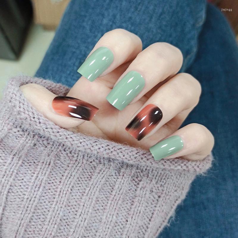 

False Nails Fake Nail Stickers Long Square Head Dark Black Green Art Finished Detachable Pieces 24 With Glue STTX889