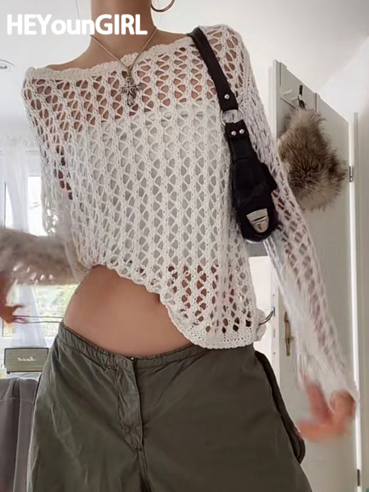 

Women's T-Shirt HEYounGIRL White Crochet Knit Tops Women Sexy Hollow Out Fashion Casual Wide Smock Tee Long Sleeve Pullover Tee Shirt Aesthetic 230203, Black