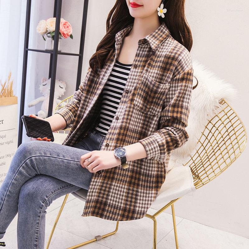

Women' Blouses Women 2023 Spring Autumn Turn-down Collar Plaid Casual Chic Daily Outwears Female Korean Style Streetwear Shirts S341, Brown