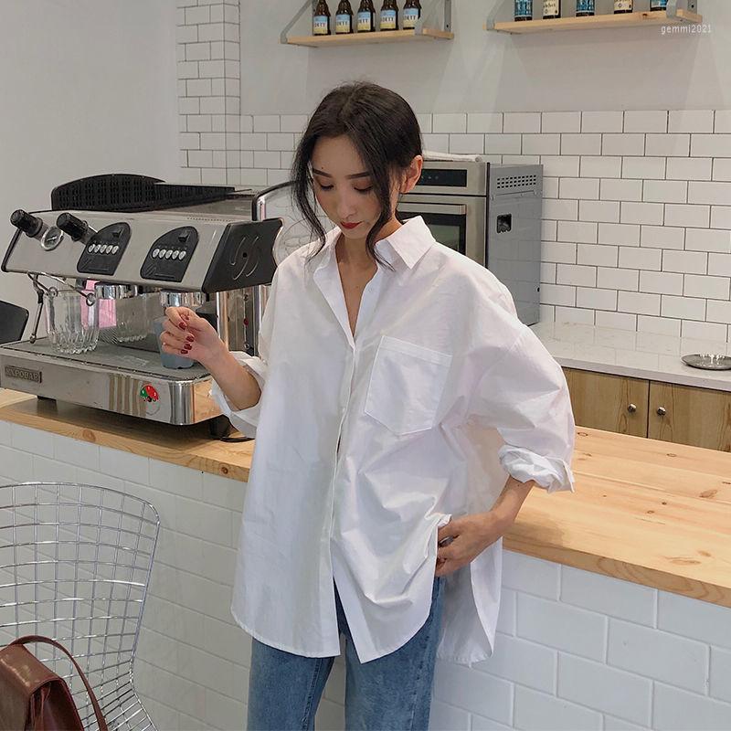 

Women' Blouses 2023 Spring Office Lady Long Sleeve Women White Basic Shirt Button Up Pocket Solid Loose Shirts Plus Size Female Blouse