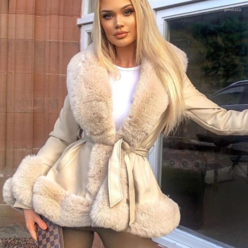 

Women's Fur 2023 Arrival Women's Winter Leather Faux Collar Cuff Coat Belt Jacket Stitching Slim Elegant Warm Thick Overcoat Female, Blue