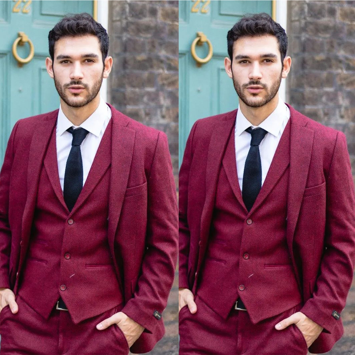 

Three Pieces Wedding Tuxedos Men Suits Casual Classical Herringbone Pattern Formal Suit Jacket Two-Button Handsome Customized Pockets Bridegroom Coat Pants Veat, Burgundy