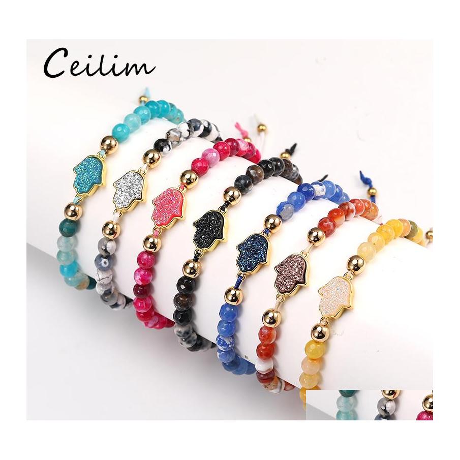 

Beaded Strands Natural Stone Agate Bead Bracelet For Women Fashion Resin Druzy Hamsa Hand Charm Bracelets With Card Handmade Woven Othqs